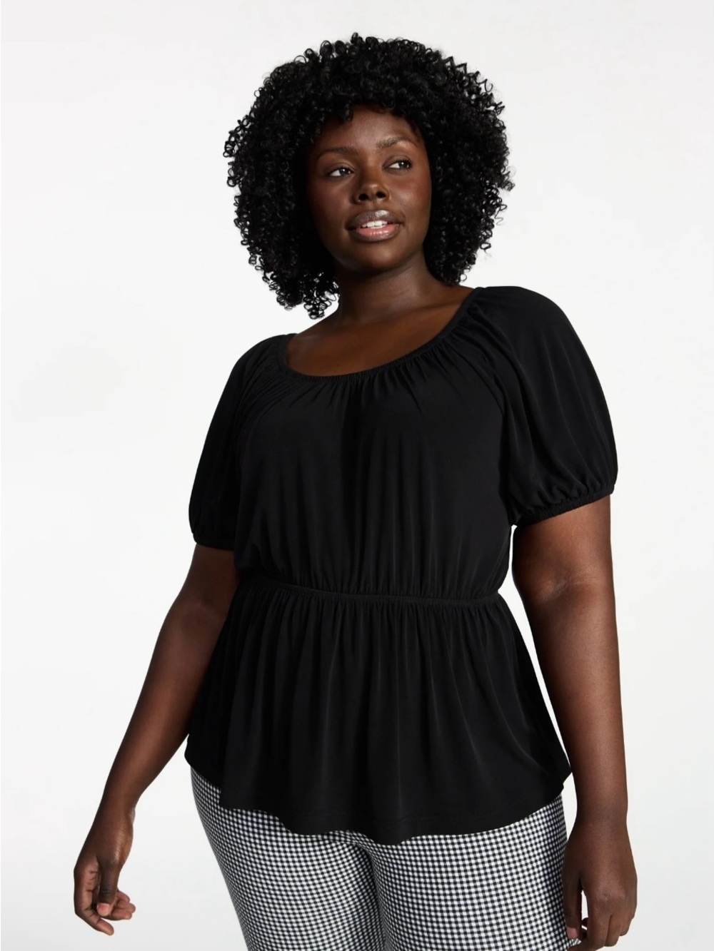 NWOT Terra & Sky Black Peplum Puff-Sleeve Top - Picture 3 of 7